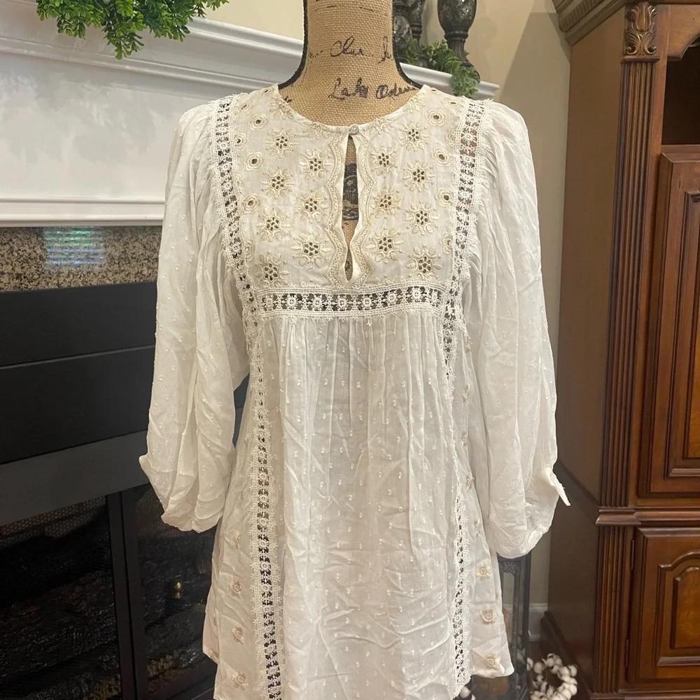 FREE PEOPLE Size XS Charlotte TUNIC TOP EMBROIDERED MINI DRESS IN IVORY New